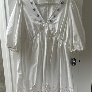 White Embroidered V-Neck Dress with Purple Floral Accents